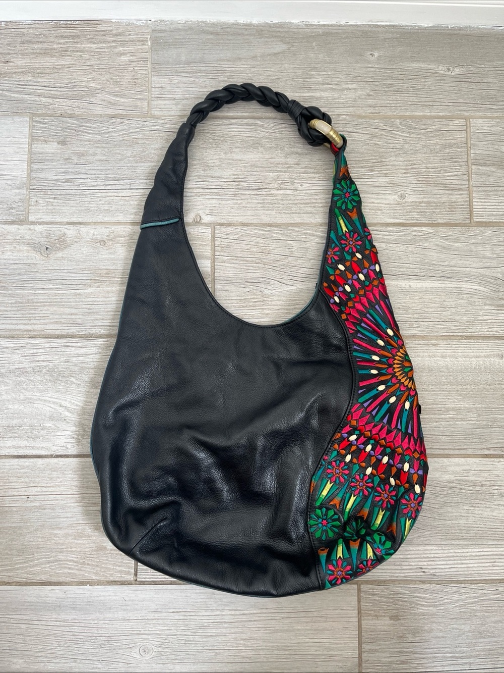 Isabella Fiore Leila Black Leather Mosaic Embroidered Hobo Purse Shoulder Bag